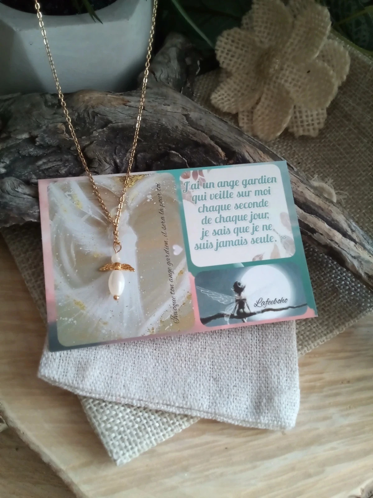 Collar de ángel dorado y blanco en nácar natural + tarjeta – photo 3